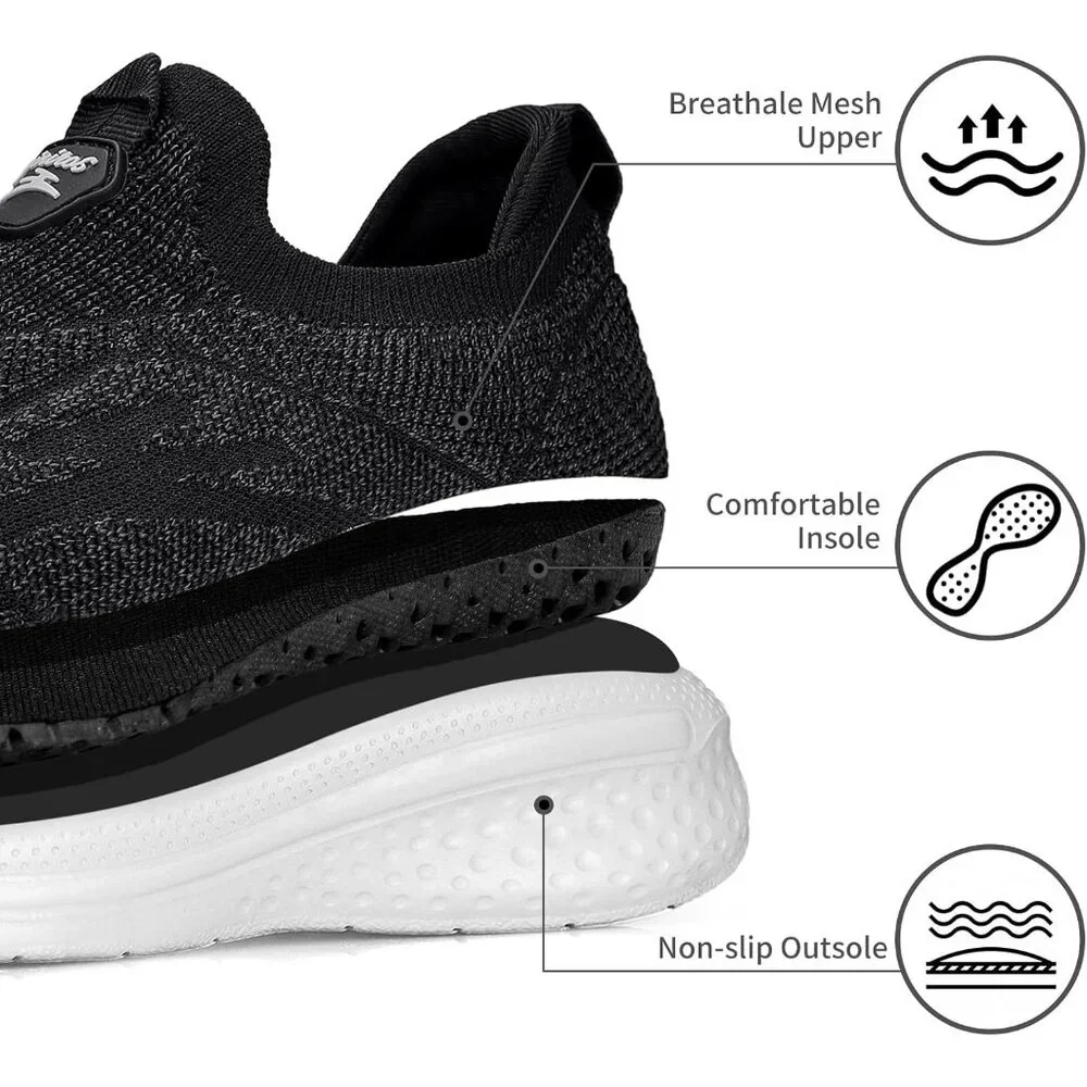 Women's Black White Lightweight Comfort Workout Casual Non Slip Fashion Sneakers - Picture 3 of 6